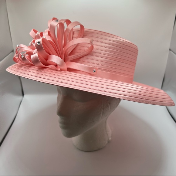EY Signature Cream Church Kentucky Hat with Ribbon and Gem Embellishment